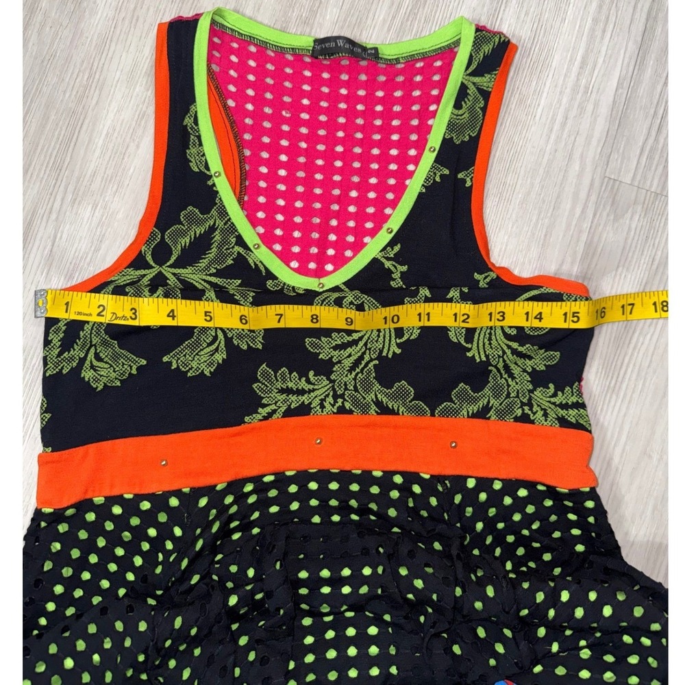 Seven Waves Mixed Media Mini Dress Neon Floral Polka Dot Mesh Artsy Boho Size 2 - Picture 6 of 9